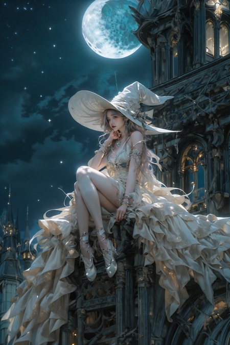606247209521968343-1580390434-Moon Witch，1girl，witch hat，blonde hair，Witch gown，jewelry，high heels，cleavage，earrings，bracelet，bare shoulders，white thighhighs，.jpg